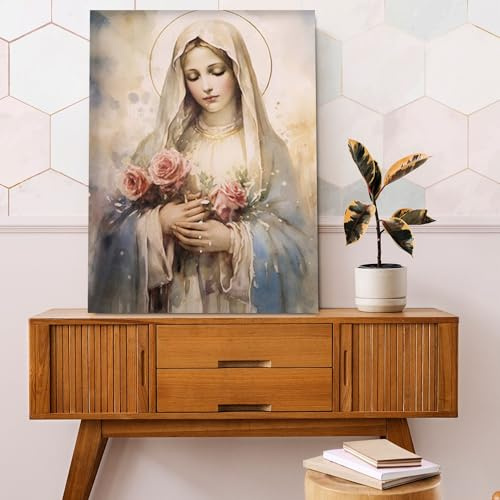 Fchen art Christliche Heilige Familie, Wandkunst, gesegnete Mutter, Jungfrau Maria mit Rosen, gesegnete Mutter, Gemälde, Wandkunst, religiöse Wanddekoration, Kunstdruck, Bild, Poster, modernes Bild,