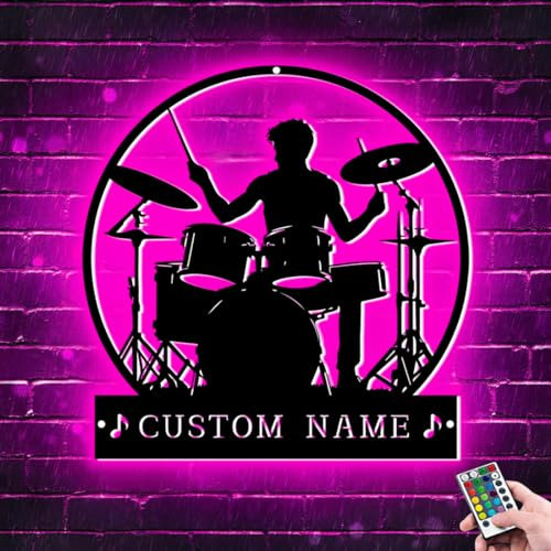 ALICESER Personalisiertes Schlagzeug-Set, Musik-Metall-Lichtschild für Wandkunst, individuelle Schlagzeug-Performance mit Namen, Metall-Neonschild, RGB-LED, Musikzimmer-Dekor, individuelles Geschenk