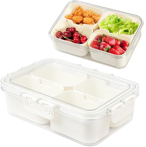 Divided Serving Tray with Lid,Portable Fruit Box,Snack Container,Reusable Fruit and Vegetable Tray,Snack Serving Tray with 4 Compartments For Parties,Hiking,Camping,Fruits,Nuts,Candies,Cookies,Snacks