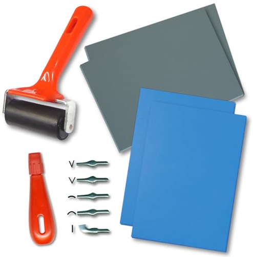Essential Arts Polymer Block Lino Relief Printing Starter Kit – 4 x Sheets of Soft Polymer Blocks, Brayer Roller, Handle and 5 x Cutters