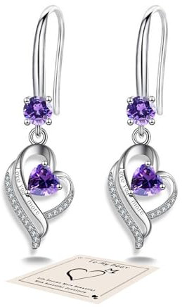 Purple Silver Drop Earrings for Women, Sterling Silver With Cubic Zirconia, Hypoallergenic February Birthstone Jewelry Gift for Women Birthday Mothers Day