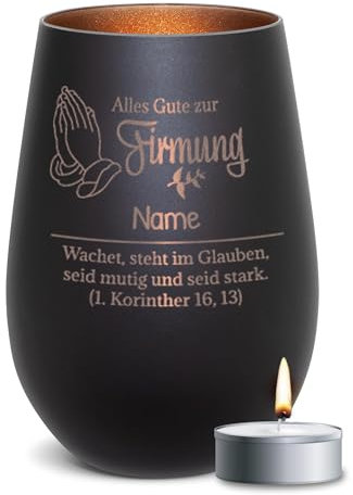 PR Print Royal Schwarzes Windlicht mit Gravur - Alles Gute zur Firmung - mit Name Personalisieren - Geschenke zur Firmung, Firmungsgeschenke | inkl. Teelicht, 450 ml, Innen Bronze