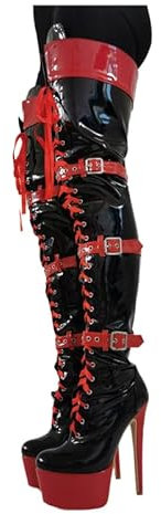 WILDKATZEN Damen Schenkelhoher Stiefel Plattform Stiletto High Heels Boots Lace up Overknee Zweifarbig Schnürstiefel Schwarz Rot 47 EU