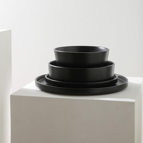Stone Lain Celina Modern Stoneware 16-Piece Dinnerware Set, Cereal and Dinner Bowls, Dinner Plates, Salad Plates, Plates and Bowl Set, Dish set for 4, Black