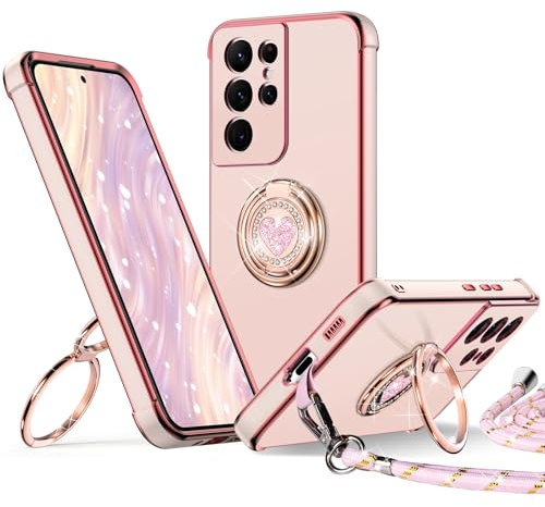XYZ Coque pour Samsung Galaxy S21 Ultra, avec Double Anneau de Support Cœur, avec Lanière pour Filles et Femmes, Coque de Protection Luxe Mignonne et Scintillante pour Samsung S21 Ultra, Rose