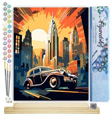 Figured'Art Peinture par Numéro Adulte avec Cadre Voiture Art Déco à New York - Activité Manuelle Kit de Loisir Créatif DIY Numéro d'Art Complet - 40x50cm avec châssis en bois à monter