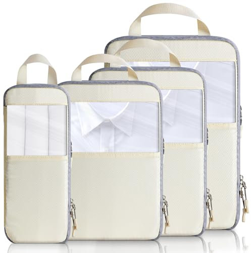Cozary Koffer Organizer Packing Cubes Compression 4 Stück - Packwürfel mit hohem Fassungsvermögen, Travel Essentials Kofferorganizer FüR HandgepäCk Koffer Und Rucksack - Beige