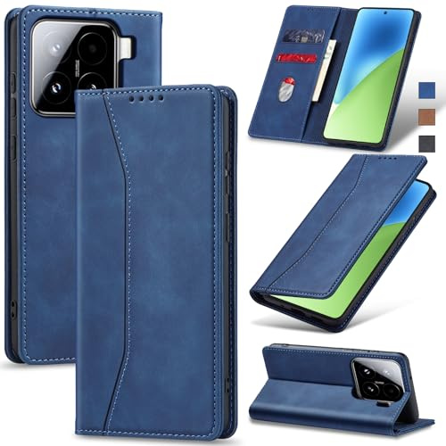 Jasonyu Handyhülle für Xiaomi 15, PU Leder Flip Klapphülle, Blau | Magnetische Schutzhülle, Ständer, Kartenfächern, Klappbar, Stoßfeste TPU Stoßsicher Hülle