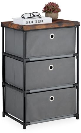 Relaxdays Kommode, 3 Stoffschubladen, Metall, Holzoptik, 65 x 43 x 33 cm, Wohnzimmer, Flur, Beistellkommode, grau/braun