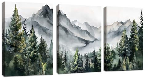3Pcs Grüne Ansichten Leinwandbilder Bilder Set mit Rahmen, Abstrakt Berg Wald Landschaften Tinte Wandbilder Schlafzimmer Bild Auf Leinwand Kunstdruck Deko für Wohnzimmer fertig zum Aufhängen 50x70cmx3