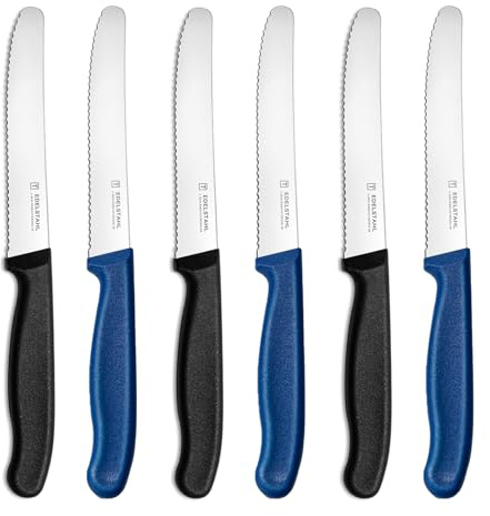 targzier Tafelmesser 6 Stück,Messerset zum Schneiden,6er Pack Tomatenmesser,Frühstücksmesser mit Wellenschliff,Bunt Brotmesser,scharfe Messer für Brotzeit,22 cm,Schwarz und Blau