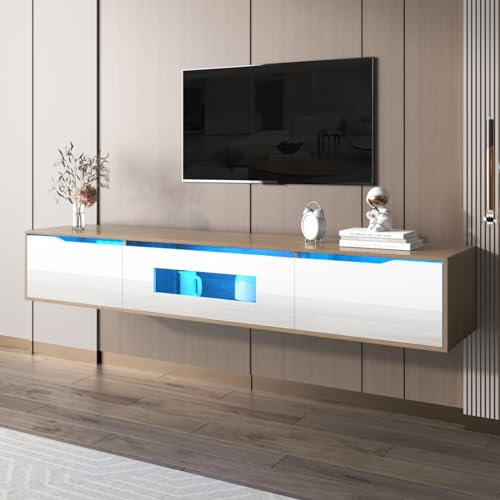 Ravas TV Schrank mit farbwechselndem LED-Licht, TV Lowboard hängend, Fernsehschrank stehend, Fernsehtisch mit DREI Türen, TV Board 180 cm lang, moderner Fernseher Tisch, TV Tisch, TV Table, weiß