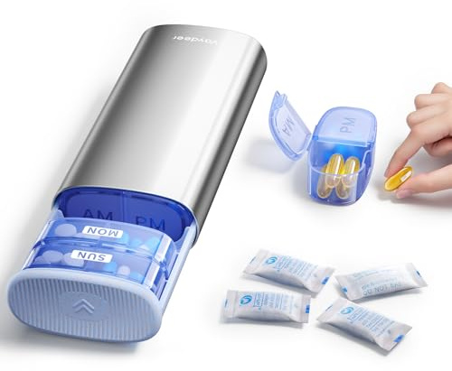 Vaydeer Tablettenbox 14 Tage 2x täglich, Silber | mit Trockenmittelfach, feuchtigkeitsgeschützte Aufbewahrung, BPA-frei, für Tabletten, Vitamine und Nahrungsergänzungsmittel