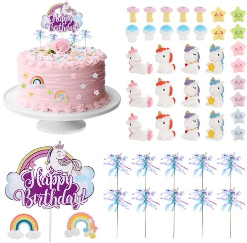 Camptrip 45 Stück Einhorn Tortendeko Geburtstag Kuchendeko Tortenstecker Regenbogen Einhorn Kuchen Deko Stern Pilz Feenstab Cake Topper Torten Deko für Geburtstag Party