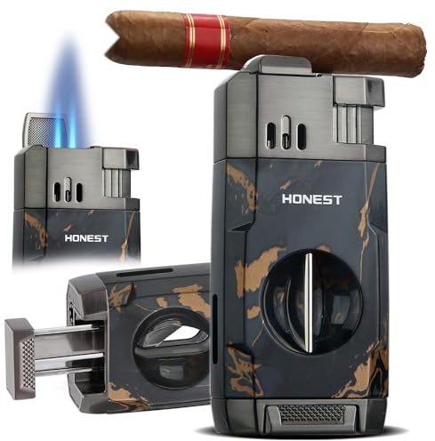 Honest Taschenlampe Zigarrenfeuerzeug mit Winddichter Jetflamme Eingebauter V Zigarrenschneider Nachfüllbare Butan Fackel Feuerzeuge All-in-One Cool Feuerzeuge zum Rauchen(Schwarzer Marmor)