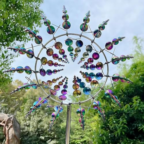 Magische Windmühle Aus Metall, HOVCEH Upgraded Rostschutz Windspiele für Draußen Stehend, 3D 360° Dual Rotors Kinetische Windspiel Metall für Draußen, Hof, Patio Rasen und Garten