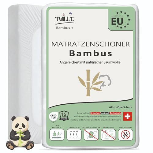 Twillie Matratzenschoner 100 x 200 Bambus – Premium-Qualität – Wasserdicht & Atmungsaktiv – Mit Naturbaumwolle, Schweizer Sanitized Anti-Milben Antibakteriell Geruchshemmend – Hergestellt in EU