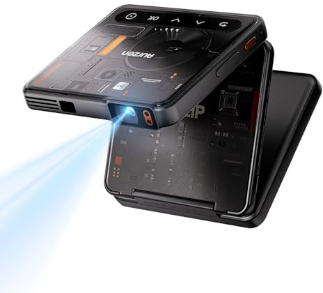 Aurzen Zip Cyber Tri-Fold Mini Vidéoprojecteur DLP, autonomie jusqu'à 1,5 h | Autofocus, correction trapézoïdale automatique, Bluetooth 5.4, USB, pour le cinéma maison et l'extérieur.