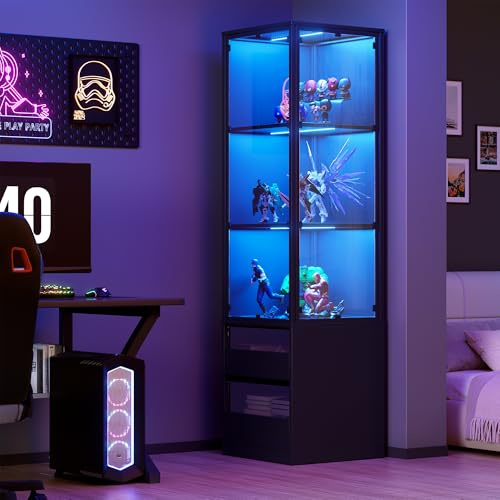 MSFE Eckvitrine,Acryl Vitrine mit RGB-Lichtern,3 Lagen Sammlervitrine Eckschrank Schwarz mit LED Beleuchtung und Schubladen für Sammlerstücke,Wein,Aktenschränke für Wohnzimmer,Schlafzimmer 40*40*160CM