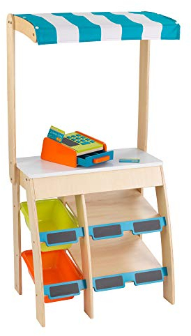 KidKraft Marktstand Kaufladen Spielzeug aus Holz mit Zubehör, Kaufmannsladen mit Kasse, Schranke, Kreidetafeln und Zubehör, Spielzeug für Kinder ab 3 Jahre, 53017