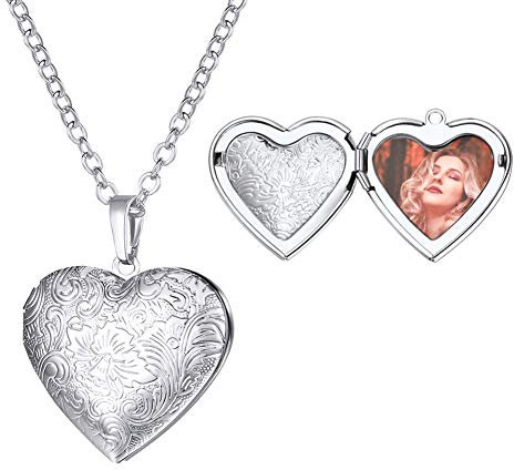 U7 collier graver personnalisé photo chaine Porte Photo Personnalisé Pendentif Médaillon Coeur Motif Fleur avec Chaîne Fine Réglable 55cm Bijoux Fête des Mères