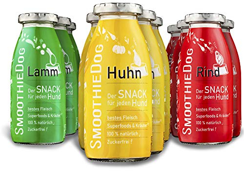 SmoothieDog Hundesmoothie 12er Mix - je 4X: Huhn, Rind, Lamm - Natürlicher Snack & Leckerli für Hunde - Zucker- & glutenfrei - je 250ml