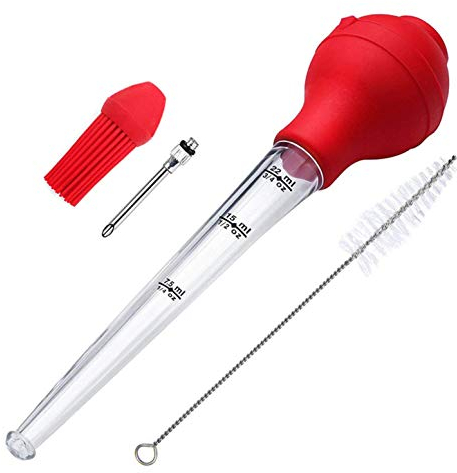 JasCherrry Poires à Sauce, Seringue de Viandede, Seringue à Marinade à épices en Acier Inoxydable pour Barbecue- avec Brosse de Nettoyage et Brosse à BBQ en Silicone (Argent)