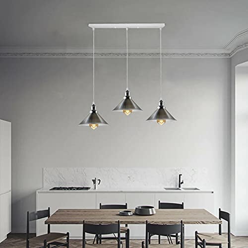Vintage Retro 3 Way Ceiling Pendant Light Cluster Light Fitting Satin Nickel Cone Shaped Lampshades, E27 Holder Lighting Kit UK