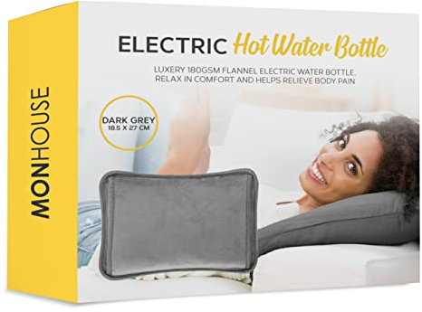 MONHOUSE Rechargeable Electric Hot Water Bottle Grey - Bed Hand Warmer Massaging Heat Pad Cozy - Soft & Cosy Heated Water Bag Warm & Soft to Touch Waist Belt - No Refill
