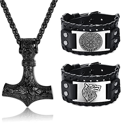 ADRAMATA Viking Necklace Viking Bracelets for Men Amulet Jewelry Thors Hammer Necklace Norse Vegvisir Viking Bracelet Wolf Fenrir Bracelet Set