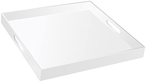 45,7 x 45,7 cm glänzendes weißes Acryl-Serviertablett mit Griffen, extra großes Ottoman-Tablett, dekorative Tabletts, auslaufsicher, Couchtisch, platzsparend, übergroße Arbeitsplatte, Organizer mit
