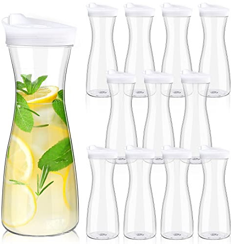 12 Pieces Water Carafes with Lid 20 oz Plastic Juice Container Pitcher Clear Narrow Neck Drink Carafes Mimosa Bar Beverage Pitcher for Outdoors Beach Picnic Parties Tea Milk Lemonade Wine