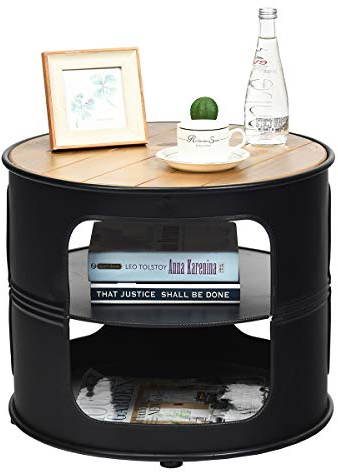 LIFEZEAL Couchtisch Rund mit offnem Ablage, Ölfass Möbel Weinfass 50x50x41,5cm, Beistelltisch aus Holz und Metallrahmen, Kaffeetisch Bistrotisch im industriellen Stil, Zylindrisch, Vintage Schwarz