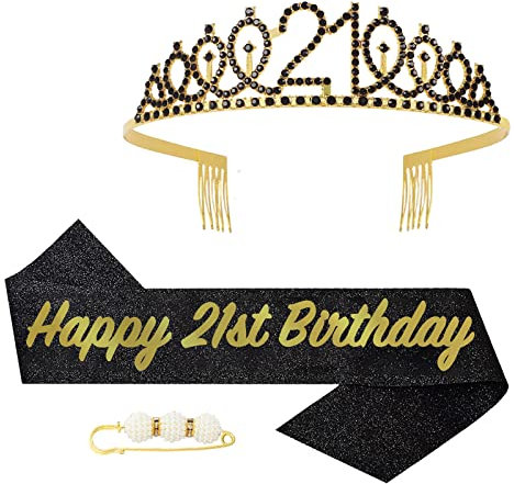 POPOYU 21 Geburtstag Krone und Schärpe,Krone 21. Geburtstag Frauen,21.Geburtstag Tiara Schwarz Gold,krone 21.,21 Jahre Geburtstag Mädchen Kopfbedeckung für Geburtstagsgeschenk Partyzubehör