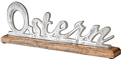 levandeo Ostern Schriftzug Silber L40cm Metall Mango Holz Tischdeko Aufsteller Osterdeko Deko Wohndekoration