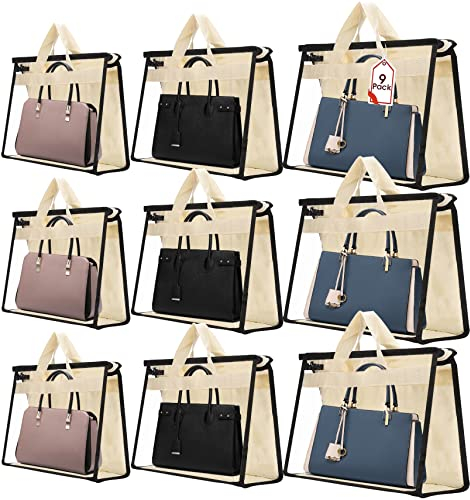 JEFFOUOO 9 Stück Transparente Handtaschen-Aufbewahrungstasche, 3 Größen Handtaschen Staubschutzbeutel mit Reißverschluss und Griff, Handtaschen Staubschutz Tasche für Schrankregale (Beige)