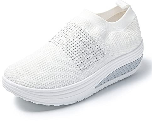JOMIX Zapatillas Mujer sin Cordones Zapatillas Basculantes Sneakers Mujer Verano Zapatos Mecedores Transpirables Adelgazar Caminata Jogging Fitness, Blanco, 40 EU
