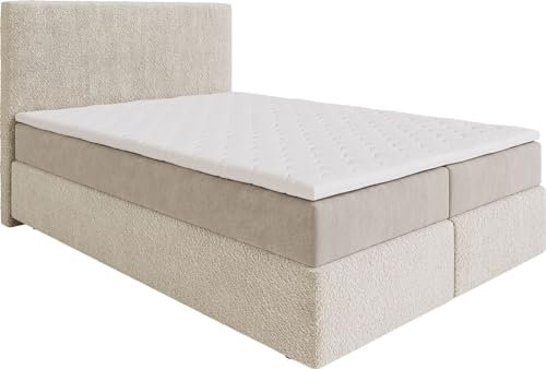 DELIFE Boxspringbett Dream-Well Bouclé Creme-Weiß 140x200 cm mit Taschenfederkernmatratze und Topper Visco