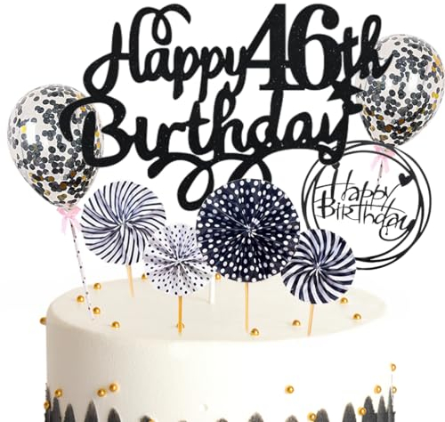 Feelairy Tortendeko Happy Birthday Deko Kuchendeko 46. Geburtstag Mann Frau, Schwarz Kuchen Topper 46. Geburtstag, Cake Topper Happy Birthday Ballon für Geburtstagstorte Deko 46 Jahre Frauen Männer