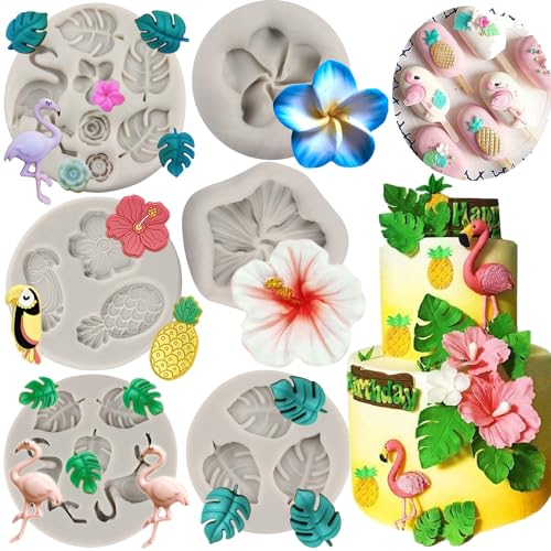 MYPRACS Lot de 6 moules en silicone motif flamant rose, feuille tropicale, hibiscus, fleurs d'hibiscus, oiseaux, ananas, moules à chocolat pour décoration de gâteaux, bonbons, pâte à sucre