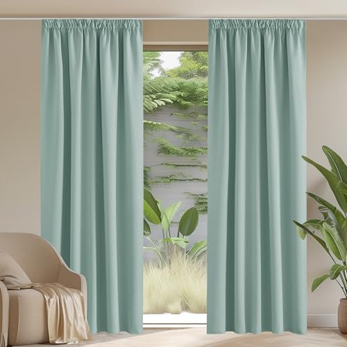 PONY DANCE Wohnzimmer Vorhänge mit Kräuselband 2er Set Verdunklungsgardine für Schiene Thermo Gardinen Hitzeschutz Blackout Curtains for Living Room, H 228 x B 228 cm, Sommergrün