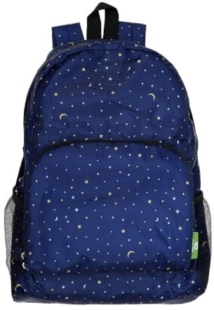 ECO CHIC Lightweight Foldable Water Resistant Backpack Rucksack Folds into Pouch for Storage (Stars and Moons Navy)