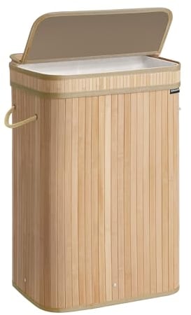 SONGMICS Wäschekorb mit Deckel, Wäschesammler Bambus, Wäschesack herausnehmbar und maschinenwaschbar, mit Griffen, 72 Liter, für Waschküche, Schlafzimmer, Wohnzimmer, naturbeige LCB061N01