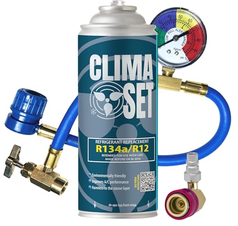 Clima Set Gaz de Rechange R134a pour Climatisation Automobile avec Tuyau, Manomètre et Adaptateur HP/LP pour Climatisation - pour Voitures 1995-2016 - Kit Climatisation Automobile