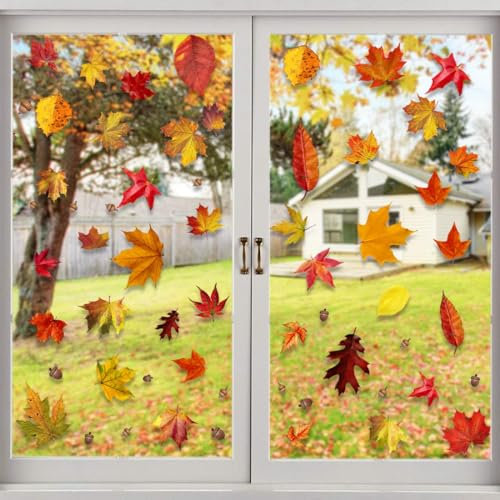 SULOLI 6 Blätter Thanksgiving Fensterbilder,Herbst Blätter Aufkleber,Marone Eicheln Fenster Dekorationen für Erntedankfest Party Herbst Thanksgiving Saisonale Deko