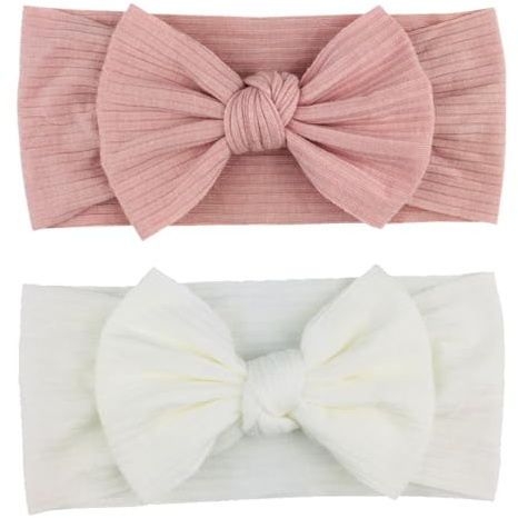 Visxcnu 2 Stück Baby Mädchen Nylon Stirnbänder Neugeborene Kleinkinder,Baby Mädchen Stirnbänder Weiss Dehnbare Strickschleife,Haarbänder und Bögen Kinder Haarschmuck