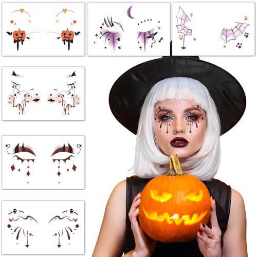 6 Feuilles Autocollants Halloween Tatouages Temporaires de Visage Fantôme Araignée Citrouille Tatouages Ephémères Tattoos Étanche Dessin Animé Décoration DIY Accessoires de Maquillage pour Halloween
