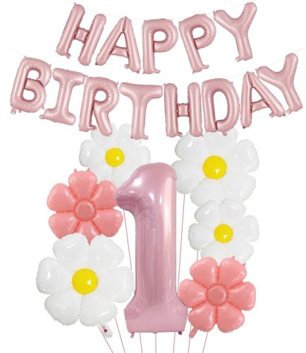 DazzJoy Geburtstagsdeko 1 Jahr Mädchen mit Gänseblümchen Folienballon, Luftballon Deko 1. Geburtstag Mädchen Junge, Rosa Happy Birthday Ballon 1 Geburtstag Mädchen Deko, Erster Geburtstage Mädchen
