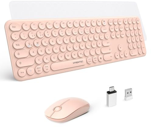 XTREMTEC Volle Größe Kabellose Tastatur und Maus,USB 2.4GHz Verbindung, Retro runde Schreibmaschine ultradünn,leise,niedliche Computer-Tastatur für Windows, Mac, Tablet(hellpink)-Deutsche Tastatur