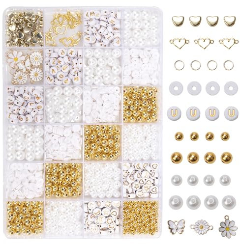 Minnhua 1495 Stück Perlenset für Armbänder, 24 Raster Bastelset Armbänder Perlen mit 6,6 m Garnspulen, Ketten Selber Machen Set, Perlen zum Auffädeln für Mädchen Kinder (Weiß und Gold)